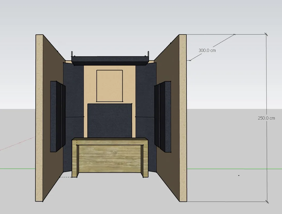 3D prikaz prostorije sa kotama i rasporedom panela